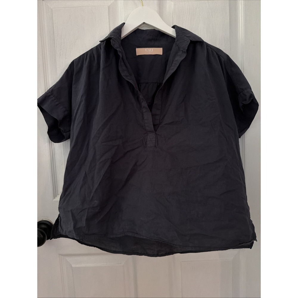 Cali by Cali Dreaming Motley Top 100% Cotton Boxy Short Sleeve Navy V Neck XS